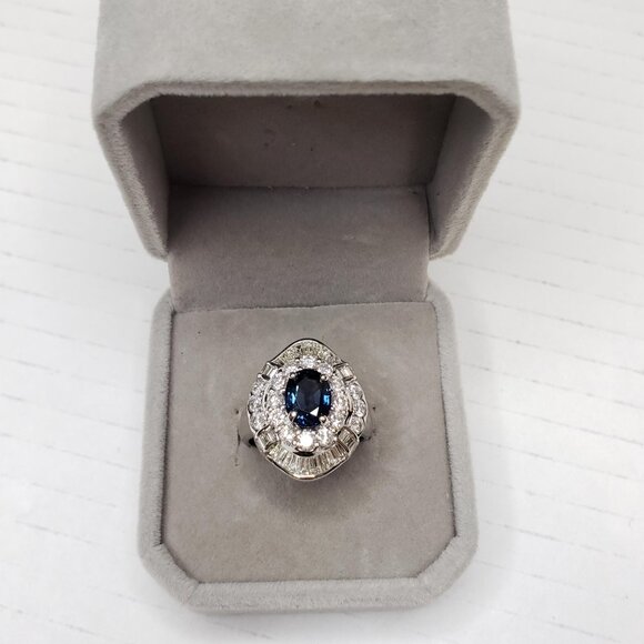 Luxury Blue Sapphire and Diamond In 18k White Gold Ring Classy and Elegant - Picture 13 of 16